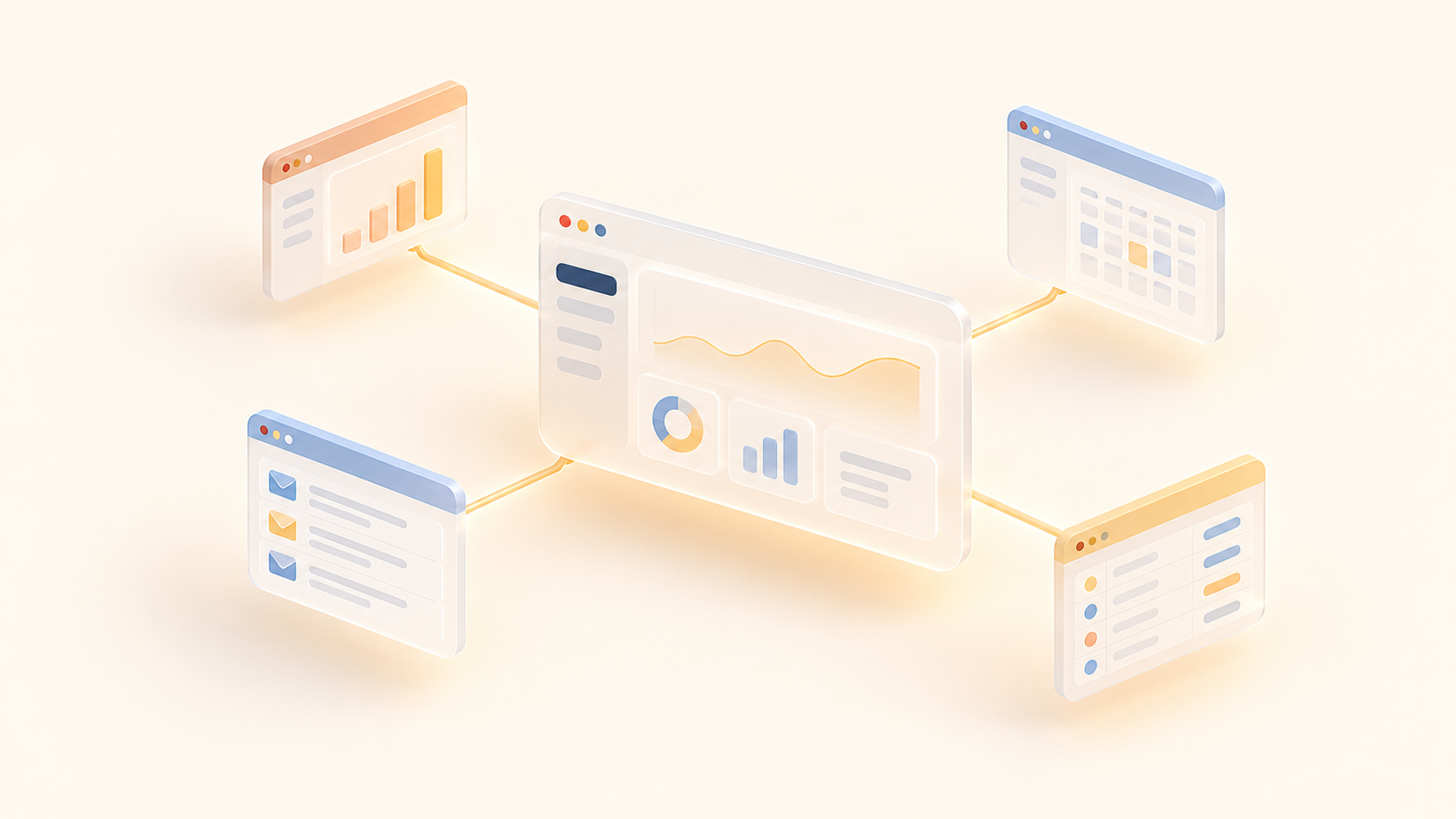 A central dashboard connected to email, a calendar, and other tools